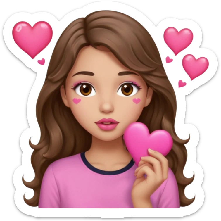 girl with long wavy brown hair, brown eyes, light to medium complexion, in a pink shirt, pink lips, long lashes, sexy , puckering lips kissing, blushing with hearts sticker
