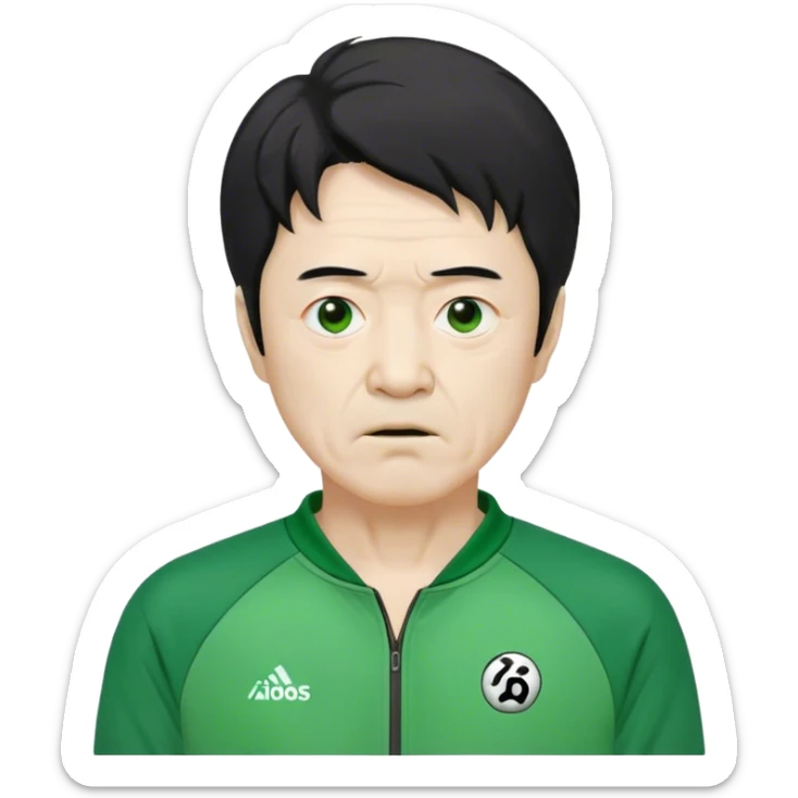 Seong Gi-hun : age 60, bony face, small mouth, unkempt black hair, Green player tracksuit,  sticker
