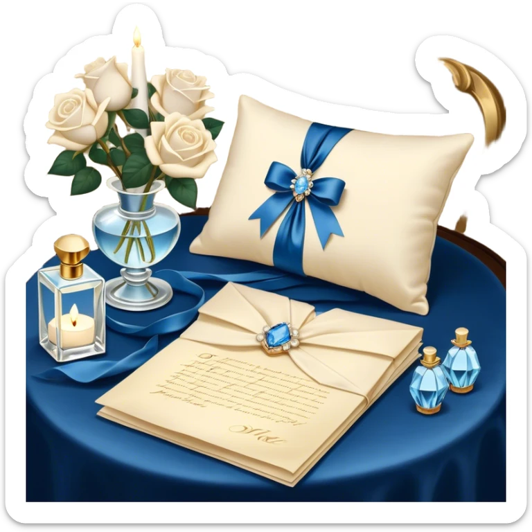 A carefully folded love letter, tied with a silky blue ribbon, sits on a velvet cushion. Beside it stands a tall crystal perfume bottle, exuding the soft scent of white roses. Pearl butterflies hover above the table, as the warm glow of candlelight reflects off the golden wax seal. sticker