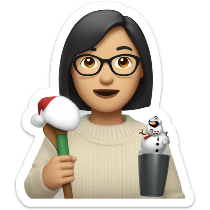 Asian woman with bob and frosty snowman sweater shaking a cowbell sticker