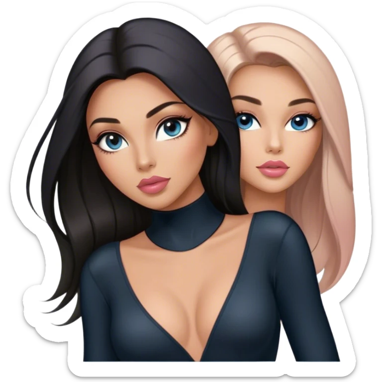 Glamours, tanned, very beautiful girl, with big pump peach-beige-rose lips, long long lashes, black straight smooth silky long hair, straight parting hair, blue-grey eyes in black long-sleeves bodysuit sticker