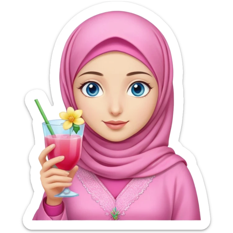Turkish beautiful finish Konya girl blue eyes with pink hijab islamic dress and had on her hand flower mocktail sticker