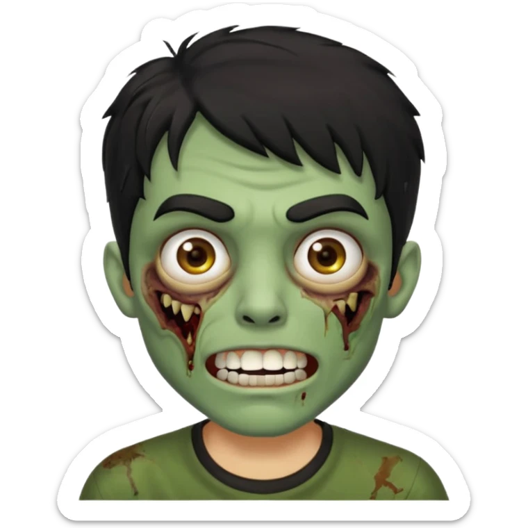 zombi emoji man with a fringe wavy medium black hair, mouth with a white teeth, nose, eyes brown, brown eyebrow, green skin, black shirt sticker