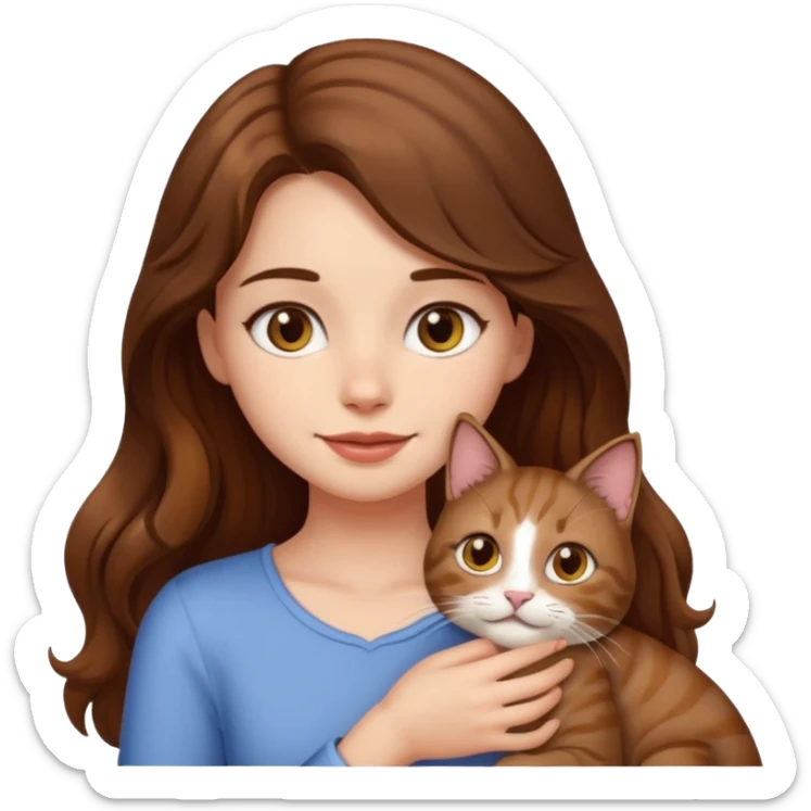 a girl with long wavy brown hair and brown eyes petting a cat, emoji style sticker