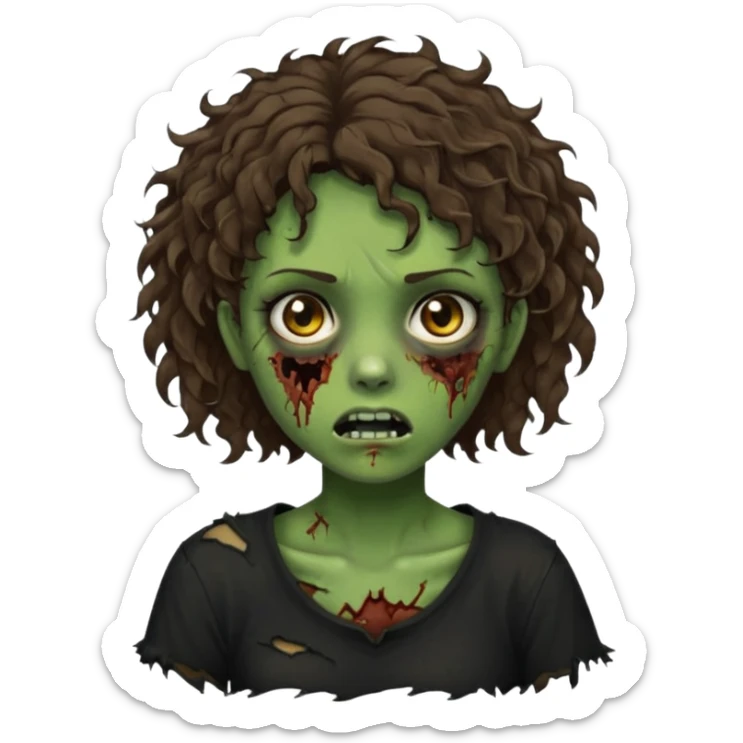 Zombie girl emoji verde com cabelo curto cacheado castanho no ombro com uma blusa preta sticker