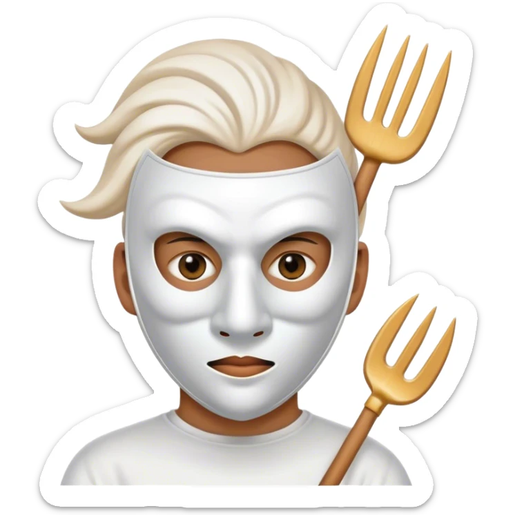 all white mask with point on top and cut out holese on the eyes holding a pitchfork sticker