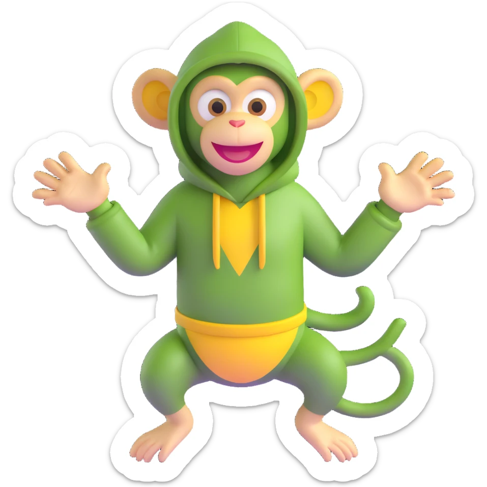Cute 3D green monkey with big yellow ears, dark hood, and a happy face. Arms open wide, always smiling and full of energy. Friendly, fun, and curious — perfect for preschool kids. sticker
