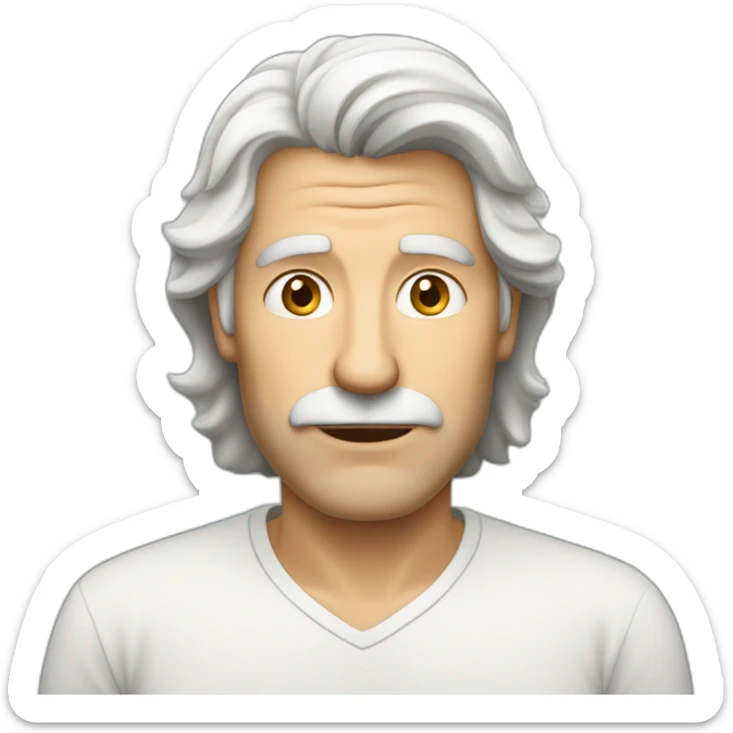 Insecure european guy in his fifties with mid long white hair wearing a shirt sticker