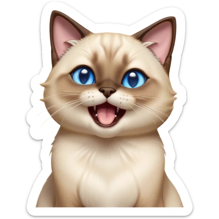 Cinematic Cute Yawning Siamese Cat Portrait Emoji, Head tilted slightly with a dramatic, wide-open yawn, sleek cream-colored fur with contrasting dark points on the ears, face, paws, and tail, piercing sapphire-blue eyes that are barely open, Simplified yet irresistibly adorable features, highly detailed, glowing with a soft, cozy glow, high shine, relaxed yet expressive, stylized with a touch of whimsy, bright and endearing, soft glowing outline, capturing the essence of a sleepy yet affectionate kitty, so drowsy it feels like it could stretch right out of the screen and curl up for a nap! sticker