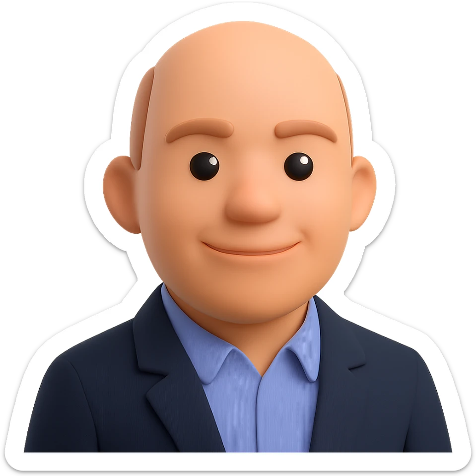 Create a 3D emoji-style portrait of the person in the foreground, with a professional look: collared shirt, blazer, confident and approachable expression. Use the Microsoft 3D Fluent emoji style. Transparent background. sticker