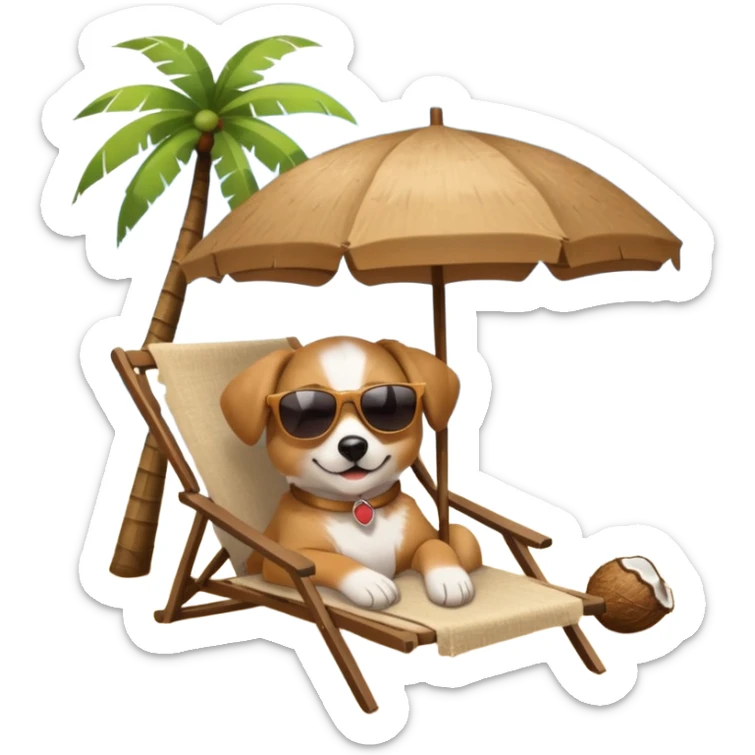 a dog laied on a beach chair, a sunny beach, a sun umbrella, and beach coconut trees. the icon should capture the essence of a relaxing beach vacation with a carefree atmosphere sticker