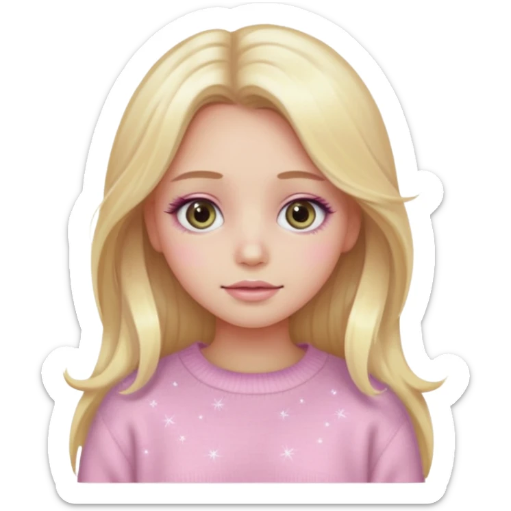 “Emoji girl, pastel pink blush, sparkly wide eyes,  oversized pastel sweater long blonde hair.” sticker