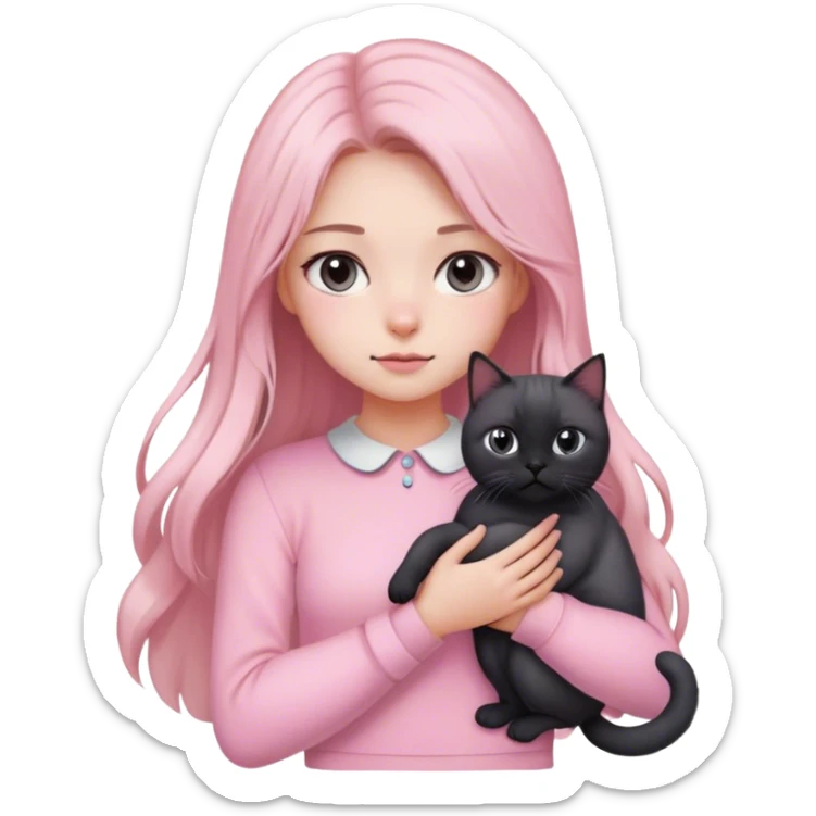 
girl with light long hair, grey eyes and fair skin in pink pastel clothes holds a black British cat in her arms sticker