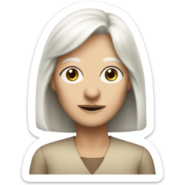 Aged crone woman, shoulder length blonde hair with bangs, blue eyes with wisdom sticker