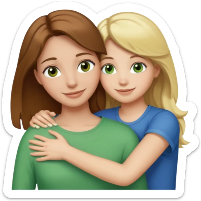Maman avec les cheveux marrons les yeux marrons et la peau blanche, la fille avec les cheveux blond les yeux verts et la peau blanche, qui se font un câlin  sticker