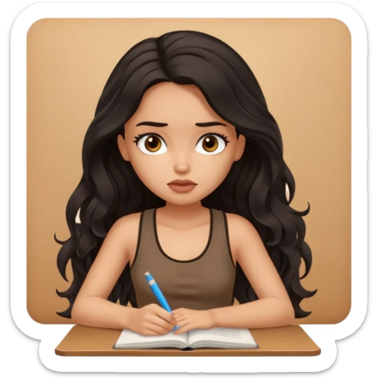 a pretty bratz light dusky girl with long wavy black hair in a brown tank top studying tired sticker