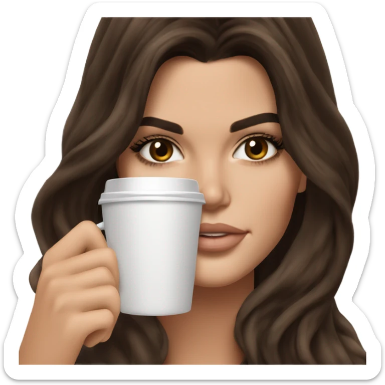 brunette Kendall Jenner with long and brown hair her eyes brown and sipping coffee Her hair is wavy and shiny. sticker