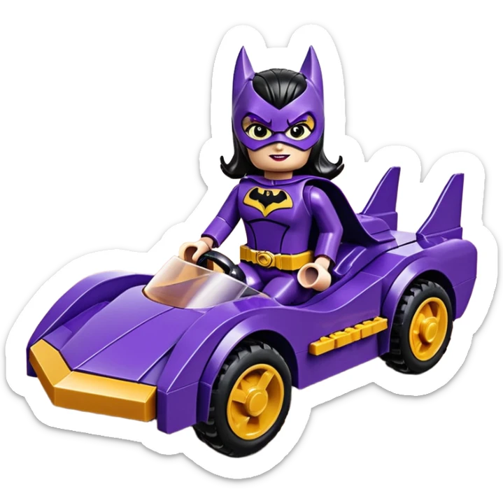 Hot full size real-appearance racing action BatGirl’s Lego feminine midnight-purple tight outfit sixty’s tv show 1992 stealth retro cat burglar sporty petite off-road pursuit hovering hover cruiser car rose gold accents (black hair,reclined and relaxed seating position and attitude) desert sticker