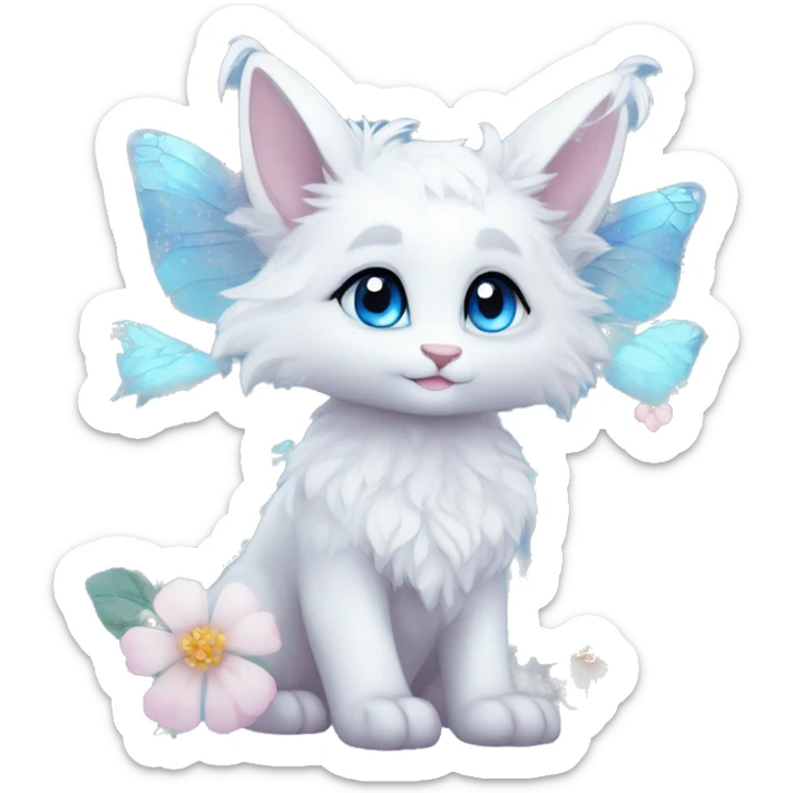 Anthro Cute Cool Kawaii gorgeous sparkly ethereal white fantasy animal creature with blue eyes furry sona with flowers and butterflies beautiful aesthetic sticker