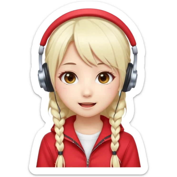Cute kawaii emoji-style Japanese K-pop singer girl, long platinum blonde hair in twin tails, red outfit, headset mic on cheek, Japanese K-pop idol vibes, big sparkling eyes, chibi proportions, clean lineart, pastel colors, cheerful idol smile, sticker/emoji style, transparent background sticker