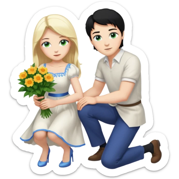 King, man, black Hair, blue eyes, whole body, Woman, bending knees, blonde, green eyes, White Dress, sticker
