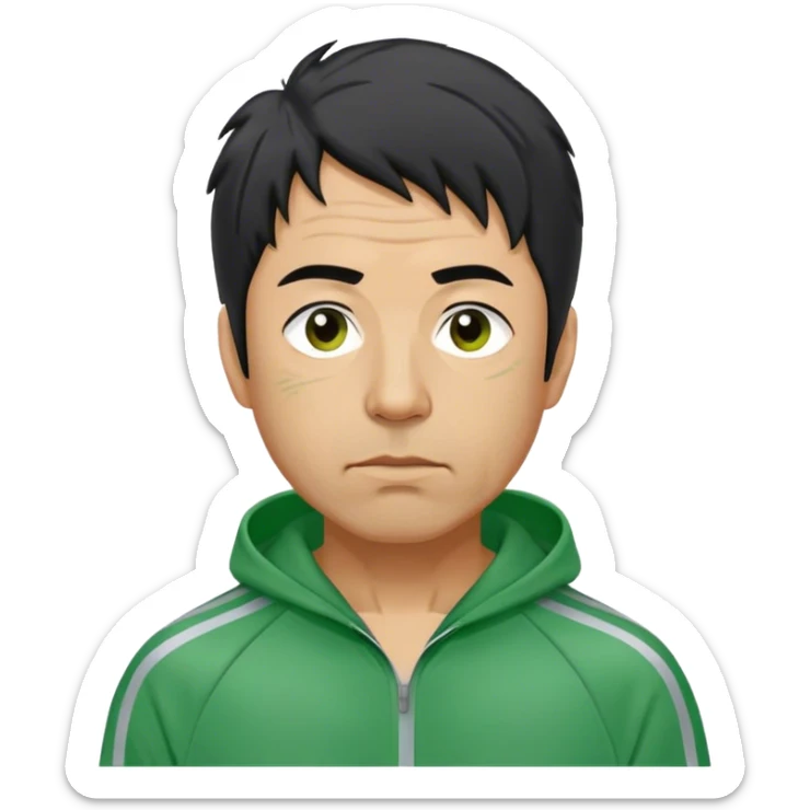 Park is a middle-aged man, around 35 years old, green tracksuit.  His black hair, streaked with strands of gray, is unkempt and damp with sweat. sticker