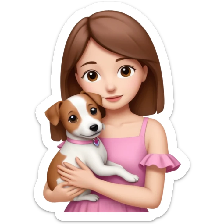 Joven mujer pelo marron vestida de rosado abrazando a su perro color beige crema que es un estilo de jack russel sticker