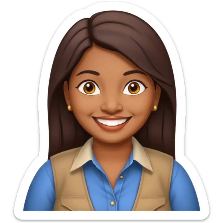 40 yr old chubby Sri Lankan woman, dark skin, straight brown hair, big smile, white teeth, western clothes sticker