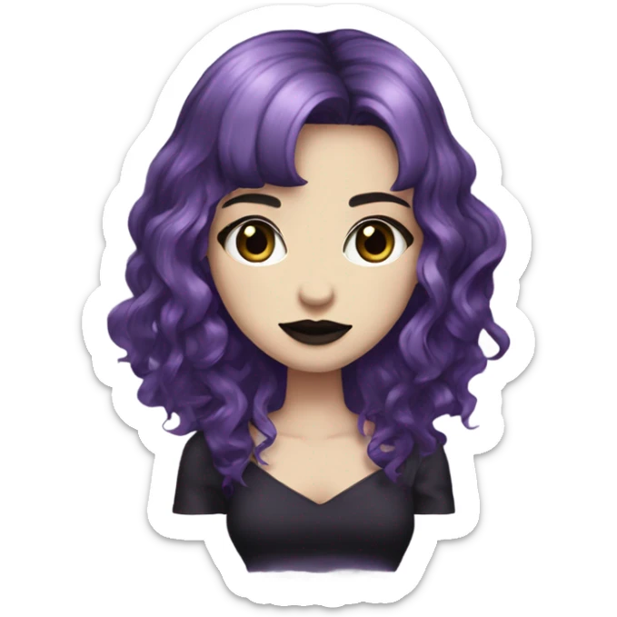 one single alt women, purple hair, wavy hair, medium hair, short bangs, dark makeup, mauve lips, gothic detailed strap dress, white skin  sticker