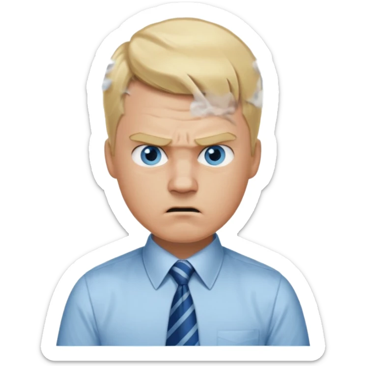 A guy with blonde hair and blue eyes that looks masculine. make him wear a shirt with a tie. he is danish. He is very angry with a red face and steam above his head sticker