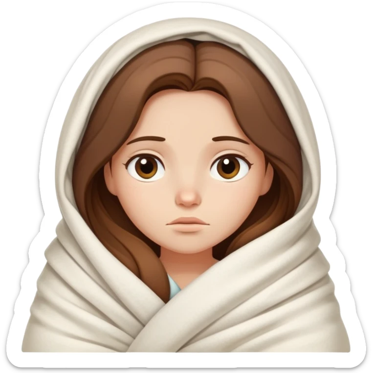Sleepy girl with long brown hair wrapped like a burrito in a blanket, eyes half-open elegant colors  sticker