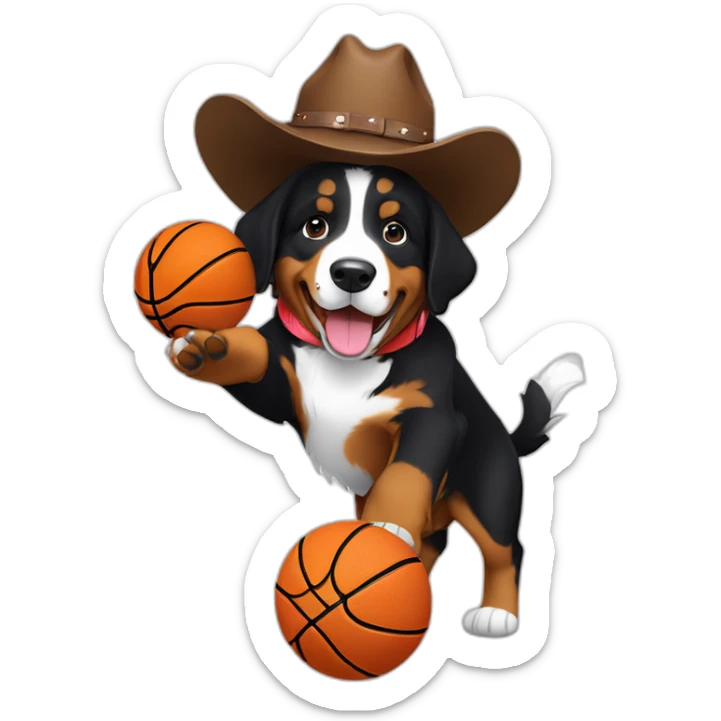 bernese mountain dog puppy wearing cowboy hat and shooting a basketball at a hoop in the mountains  sticker