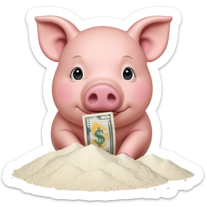A pig with a dollar bill held to his nose looking down at a small pile of flour  sticker
