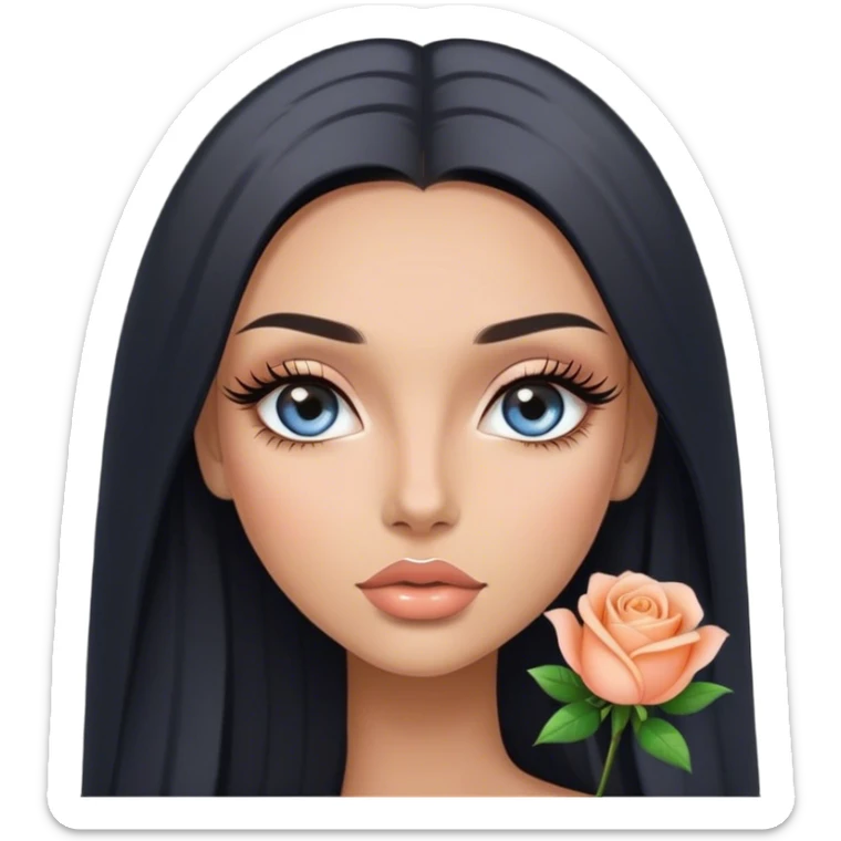 Glamours, tanned, very beautiful girl, with big pump peach-beige-rose lips, long long lashes, black straight smooth silky long hair, straight parting hair, blue-grey eyes sticker