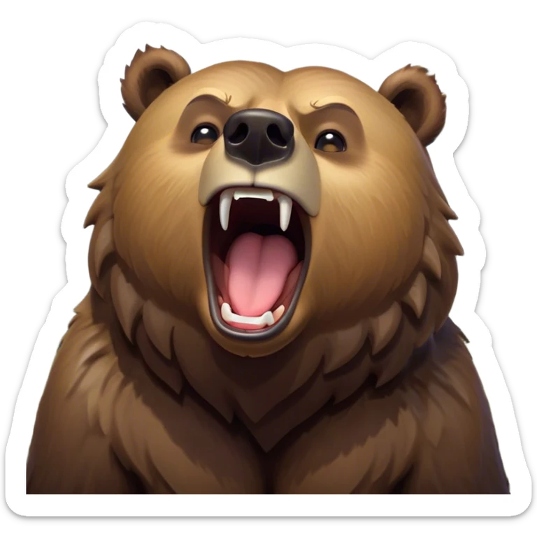 Cinematic Cute Yawning Grizzly Bear Portrait Emoji, Head tilted slightly with a dramatic, wide-open yawn, showcasing a thick, rugged deep brown fur with drooping ears, round eyes barely open in drowsy contentment, Simplified yet irresistibly adorable features, highly detailed, glowing with a soft, cozy glow, high shine, relaxed yet expressive, stylized with a touch of wild whimsy, bright and endearing, soft glowing outline, capturing the essence of a sleepy yet affectionate grizzly, so drowsy it feels like it could stretch out of the screen and curl up for a nap! sticker