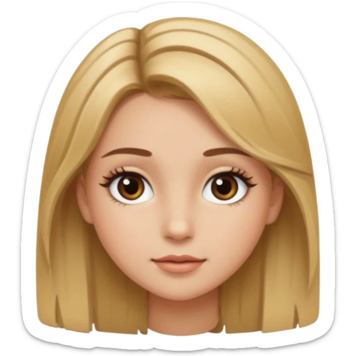 Gör en emoji som är en tjej och den ska ha långt hår hårfärgen ska vara brunt och  blonda hon ska ha fransar men dom ska se naturliga ut  sticker