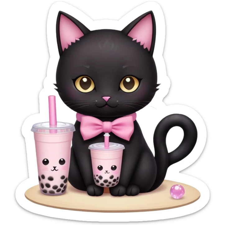creami un gatto nero che legge i tarocchi con i cristalli con un fiocco rosa e un bubble tea  in mano ￼ sticker