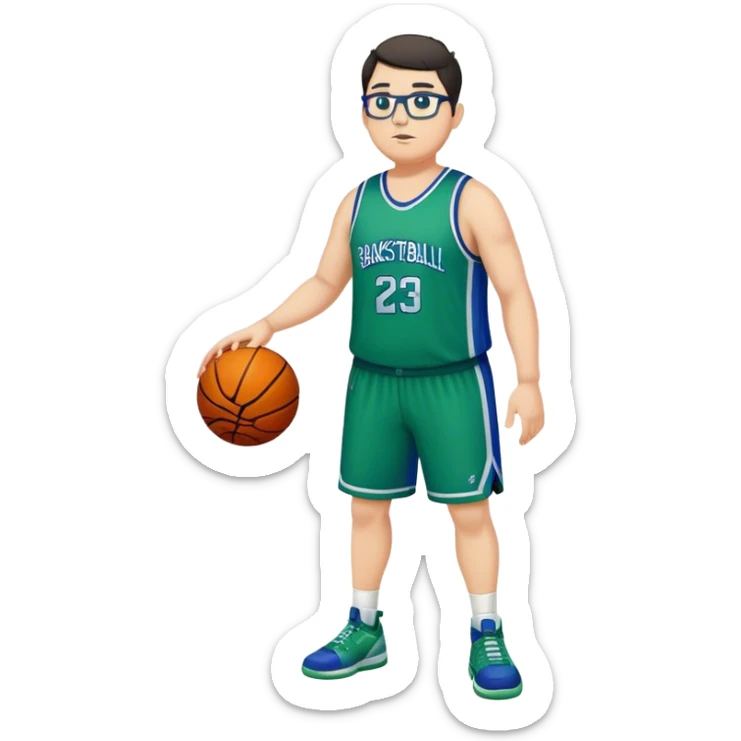 Full Body tall plus size white male with dark short hair basketball player wearing glasses wearing blue green uniform sticker