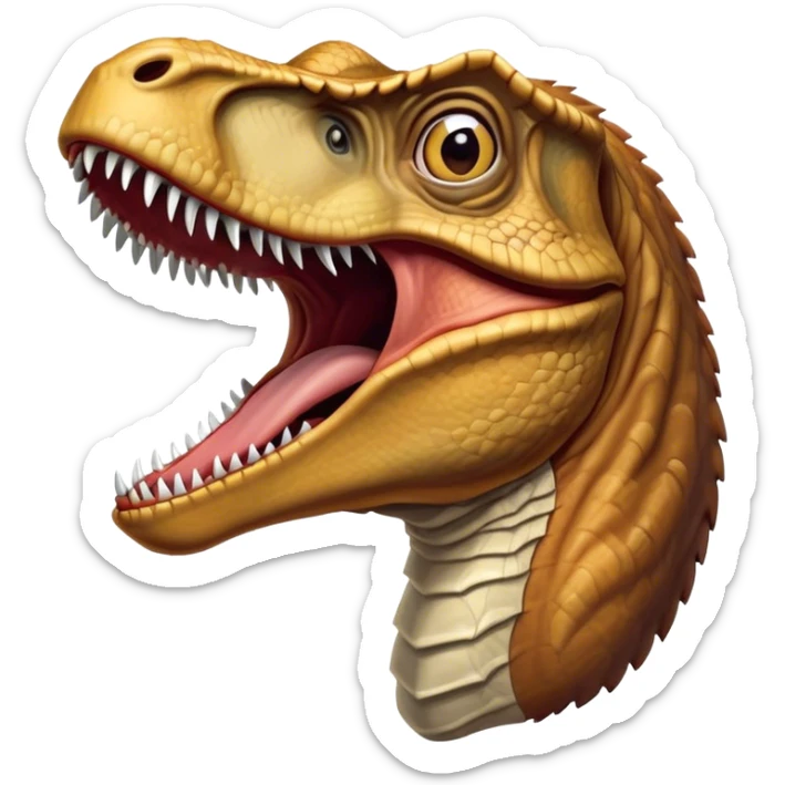Cinematic Realistic Cute Yawning velociraptor/T-rex Portrait Emoji, Head tilted slightly with a dramatic, wide-open yawn, showcasing a massive, rugged scaled hide with subtly drooping features and half-closed, drowsy eyes rendered in authentic prehistoric detail, high shine, relaxed yet expressive, styled with a dash of ancient charm, soft glowing outline, capturing the essence of a sleepy yet affectionate velociraptor/T-rex that appears ready to stretch out and settle into a timeless nap! sticker