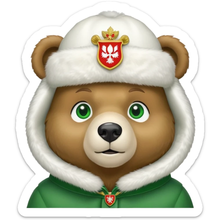 Sweet, cartoonish bear face with large green eyes, wearing white fur ushanka hat with accurate Russian Federation coat of arms centered, iOS emoji style sticker