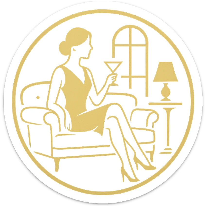 premium logo in a circular shape, featuring a golden silhouette of a woman with a martini glass, surrounded by elegant interior elements like a couch and side table. Black and gold color scheme, vector-style, clean lines sticker