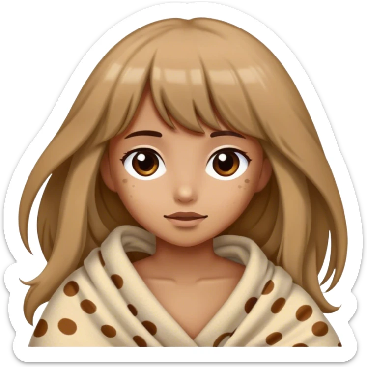 Tan Girl with long hair and bangs wrapped in blanket colored beige with brown spots sticker