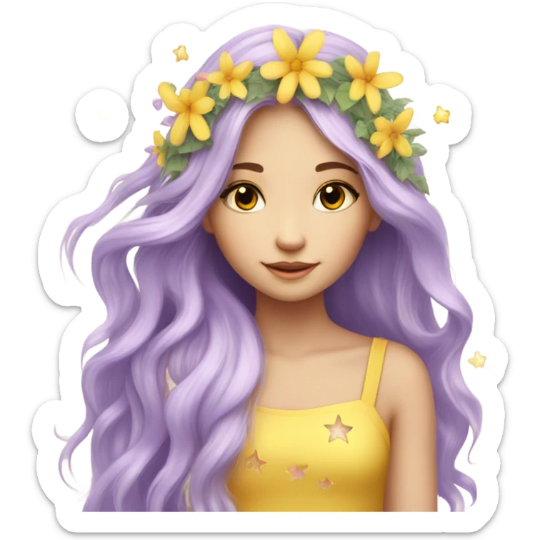 Beauty, long hair with little stars, flower fairy, yellow, lilac, garden sticker