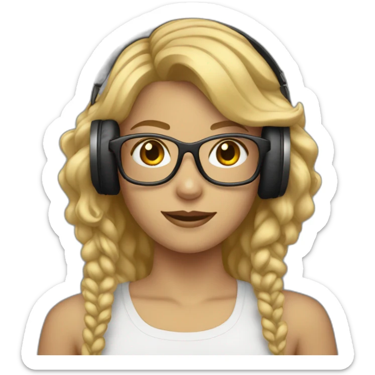 A girl with medium blond hair wearing headphones and glasses sticker