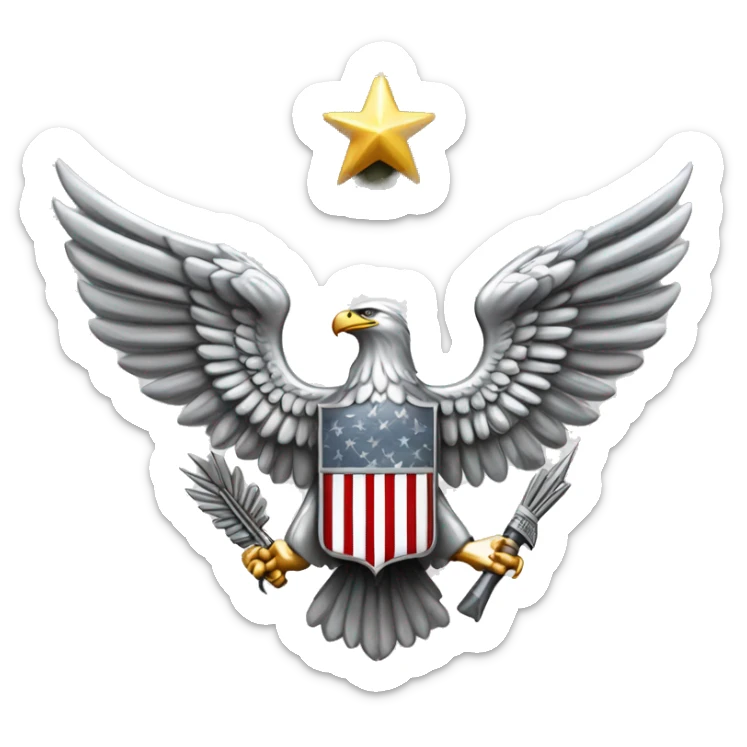 Create an emoji of a silver US Army O-6 Colonel insignia: a detailed silver eagle with outstretched wings, clutching arrows and bearing a shield on its chest. Ensure the background is transparent. sticker