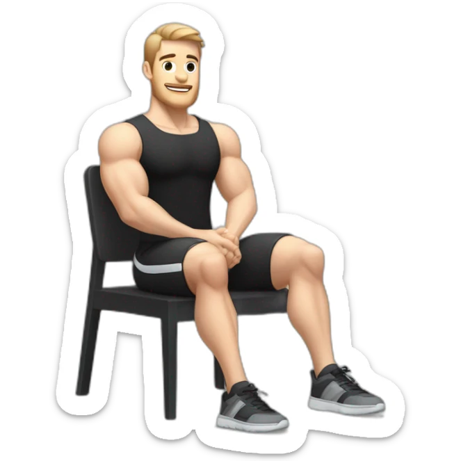Pale skinned Fit Man With the biceps and dark brown hair in black shirt, gray sports shorts and white Sneakers Sitting on a chair sticker