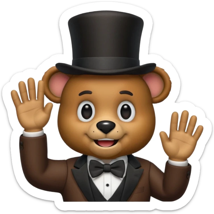 Freddy Fazbear as a cute emoji, waving, brown animatronic bear, black top hat, bow tie, happy face sticker