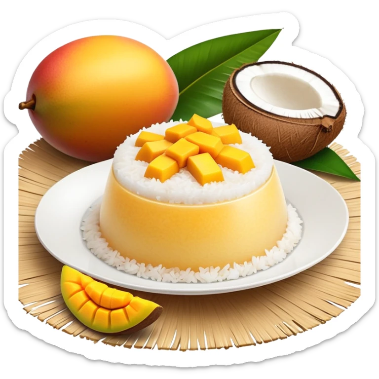cinematic-realistic-mango-sticky-rice-dessert-emoji,-showcasing-sweet-sticky-rice out of a mould-paired-with-ripe-mango-slices-and-coconut-milk-rendered-with-lifelike-detail-and-warm,-inviting-lighting with the coconut  milk over the rice sticker