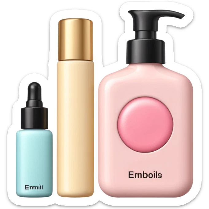 emoji of three different beauty products, with brand labels, minimalistic but luxury design (realistic), pastel colors sticker