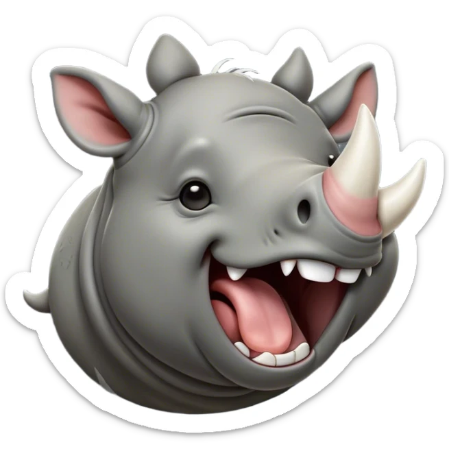 Cinematic Cute Yawning Rhinoceros Portrait Emoji, Head tilted slightly with a dramatic, wide-open yawn, showcasing a soft, textured slate-gray hide with a slightly drooping white horn and eyes barely open in drowsy contentment, Simplified yet irresistibly adorable features, highly detailed, glowing with a soft, cozy glow, high shine, relaxed yet expressive, stylized with a touch of rugged whimsy, bright and endearing, soft glowing outline, capturing the essence of a sleepy yet affectionate rhinoceros, so drowsy it feels like it could stretch out of the screen and curl up for a nap! sticker